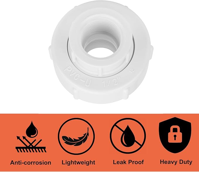 6Pcs 1/2Inch Female Threaded PVC Union Coupling Pipe Fitting (Female x Female) 1/2'' PVC FNPT Female Union Coupling Adapter for Sprinkler Pipe, Irrigation, Plumbing, Schedule 40, EPDM O-Ring