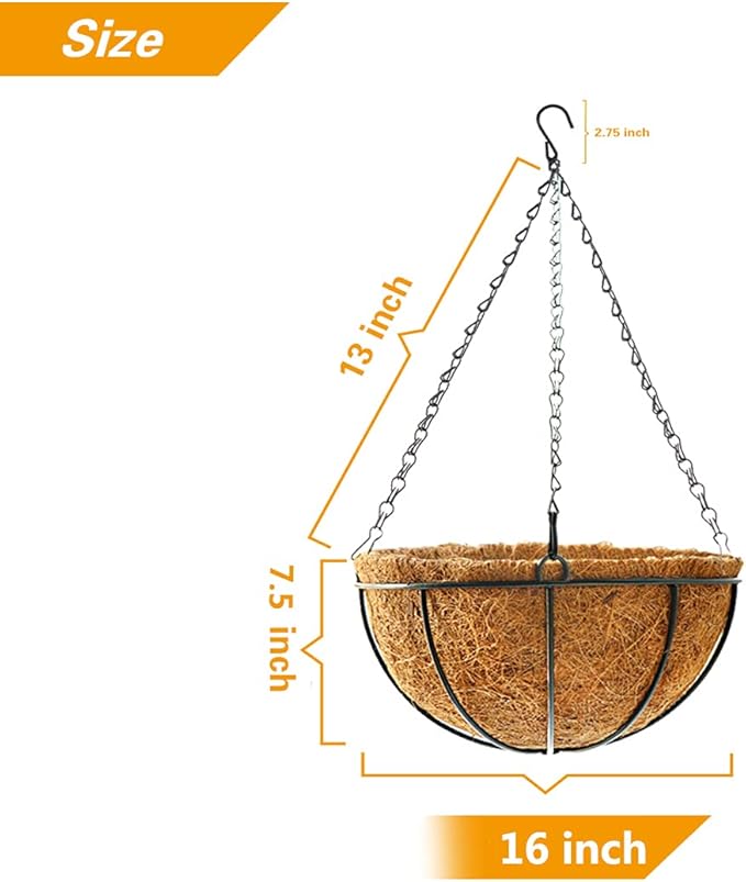 Hanging Plant Basket Flower Holder (2pack, 16 inch)-Metal Wire Round Hanging Basket Planter with Coco Fiber Liners for Plants Flower Pots Outdoor Garden Porch and Balcony Decor