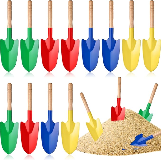 Gisafai 12 Pcs Toy Shovels for Kids Gardening Tools Kids Shovel Mini Metal Garden Shovel Sand Shovels for Kids with Sturdy Wooden Handle for Toddler Soil Planting Digging Tools, 4 Colors