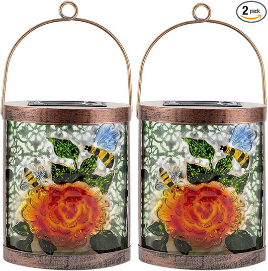 Starsoul 2 Pack Hanging Solar Lantern Outdoor Waterproof Glass Bee and Flowers Decorative Solar Lights for Outside Garden Yard Table Patio Decor