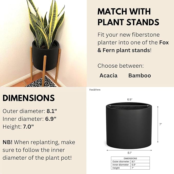 Fox & Fern 8 Inch Black Plant Pot with Drainage Plug — Premium Lightweight Fiberstone Matte Black Planter; 8 Inch Pots for Plants; for Indoor & Outdoor Use; Weather Resistant & UV Resistant