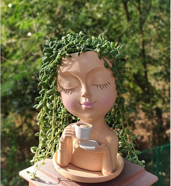 Face Planter Pots, Resin Face Planter for Indoor/Outdoor Plants,Head Planter with Drainage Hole/Removable Saucer,Girl Holding Coffe (Coffee, Light)