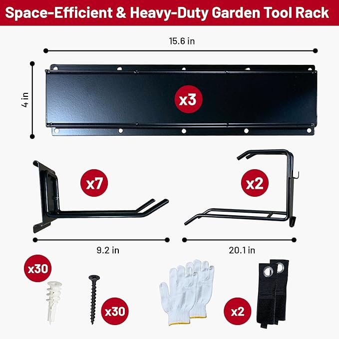 Ohana Love Garage Tool Organizer Wall Mount With Gardening Gloves - Adjustable Garden Tool Organizer for Garage with 9 Heavy Duty Snap On Hooks, 3 Rails, 2 Cable Storage Hooks Broom holder wall mount
