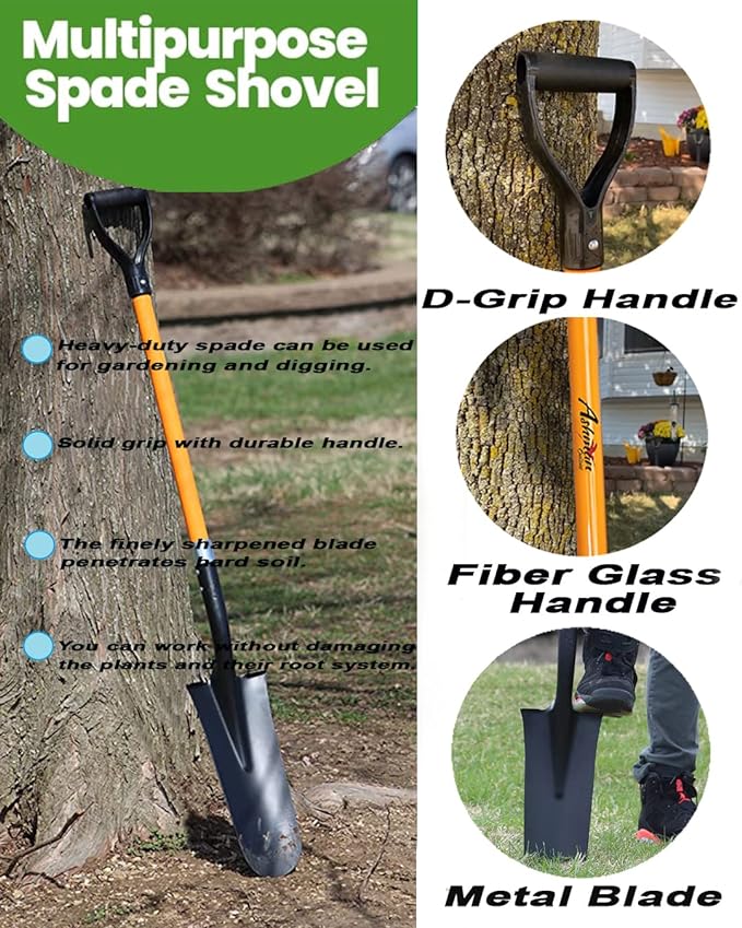 Ashman Drain Spade Shovel (1 Pack) - 48 Inches Long Handle Spade with D Handle Grip - Durable Handle with a Thick Metal Blade - Multipurpose Premium Quality Orange Shovel.