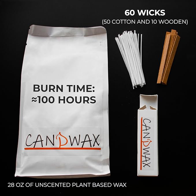 CANDWAX Pearled Candle Wax Sand 28 Oz - Unscented Candle Powder Plant-Based Clean Burning - Refillable Candle Pearls with 60 Wicks (50 Cotton + 10 Wooden)