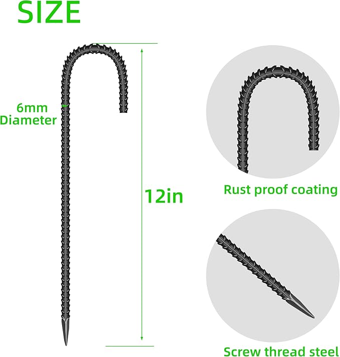 20 Pieces 12-Inch Garden Ground Stakes Galvanized Steel J Shape Hook Rebar Stakes - Heavy Duty Ground Anchors for Tents, Position Kits,Fences, and Trampolines