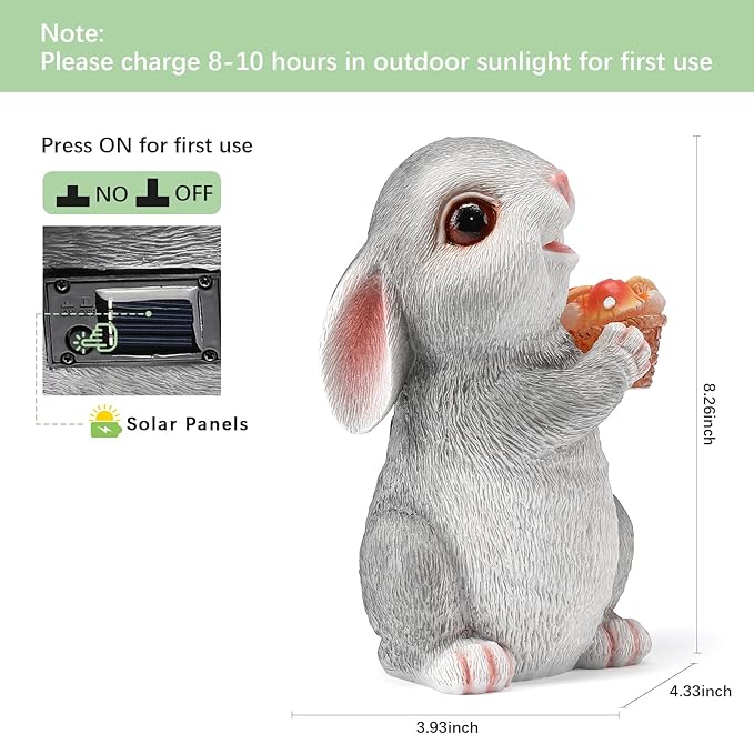 Solar Rabbit Garden Statues Outdoor Bunny Decor Resin Rabbit Figurine Holding Mushroom with LED Lights for Porch Patio Lawn Yard Christmas Housewarming Gardening Gifts for Mom Grandma