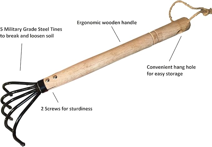 Garden Guru Hand Rake Cultivator Claw Soil Tiller - Military Grade Steel - Rust Resistant - 5 Tine Japanese Ninja Claw - Comfortable Wood Handle - Perfect Pulverized and Aerated Soil