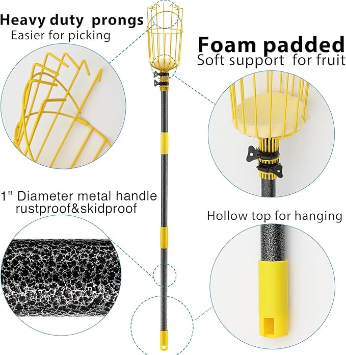Fruit Picker Pole with Basket Telescopic Pole, 8ft Extendable Fruit Catcher Picking Pole Garden Tools for Picking Fruit from High Apple Cherry Orange Mango Fig Lemon Avocado Fruit Trees