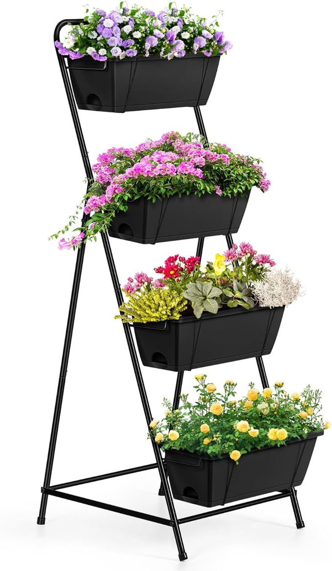 Vertical Garden Planter 4 Tier Planters for Outdoor Plants Vertical Raised Garden Bed with Drainage Holes Herb Garden Planter Outdoor Indoor Patio Yard Balcony (Black)