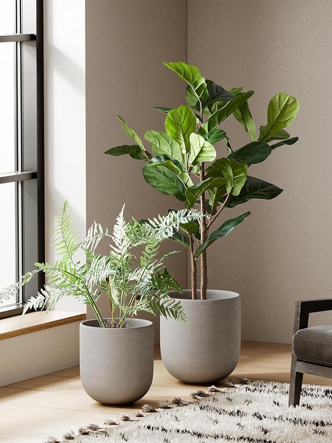 LE TAUCI 12 Inch Pots for Plants, Ceramic Large Planters for Indoor Plants, Indoor Plant Pots for Home Garden Patio Office, Planter Pots with Drainage Hole and Rubber Plug, Neutral Gray