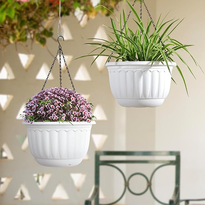 YIKUSH Planters for Outdoor Plants 2 Pack White Plant Pots with Drainage Hole and Absorbing Tray Hanging Planters for Indoor Plants (12 inch, 3 Hooks)