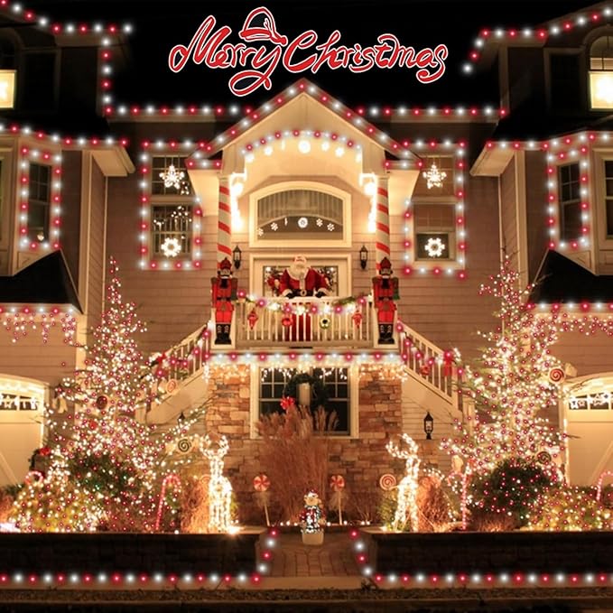 QITONG 4 Pack Red and White Solar Fairy Lights, Each 33ft 100 LED Christmas Lights, 8 Modes Silver Wire Solar String Lights