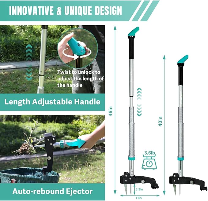 Breeze Touch 46" Weed Pulling Tool, 4-Claw Detachable Weed Puller Tool with Long Handle Adjustable, Heavy Duty Stand Up Weeder Weeding Tool for Lawn, Yard, Garden, Dandelion Picker, Weed Remover