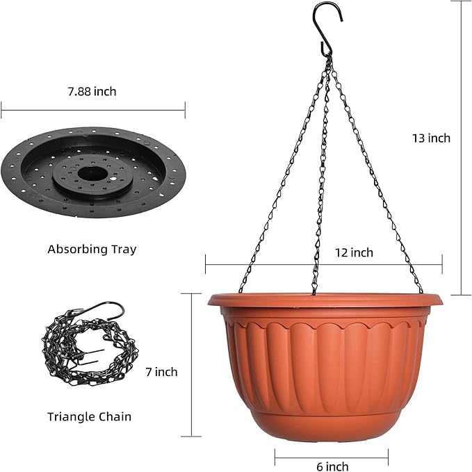 YIKUSH Hanging Planter for Indoor and Outdoor Plants 2 Pack 12 inch Flower Pot Plastic Plant Pot with Drainage Hole and Absorbing Tray（Terracotta）