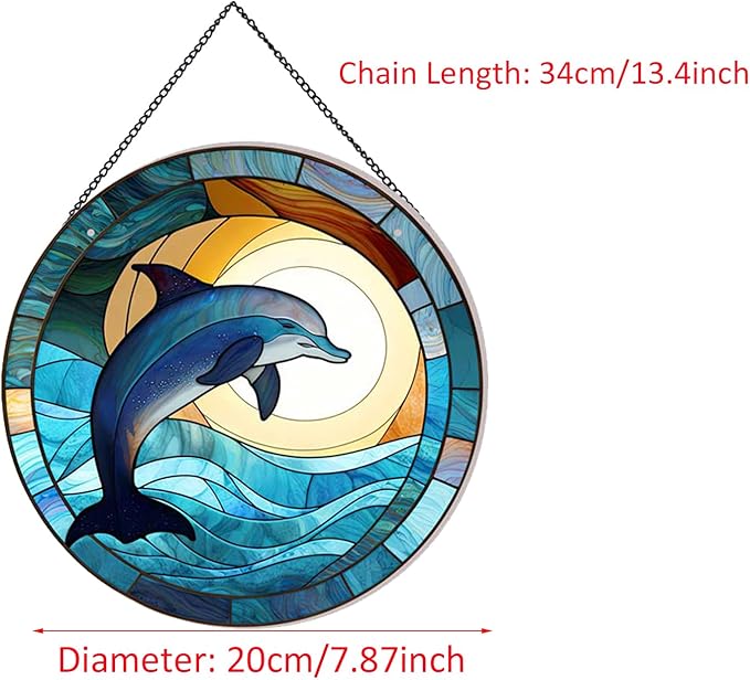 Dolphin Pattern Suncatcher Stained Glass,Hanging Stained Glass for Windows,20cm/7.87inch Hand-Painted Sun Catcher Garden Hangings Painted Glass Panel Decor Themed Gift