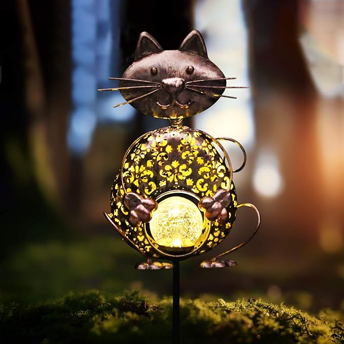 KAIXOXIN Garden Solar Lights Metal Cat Crackle Glass Globe Stake Light Waterproof Warm White LED Solar Path Lights (Cat-Bronze)