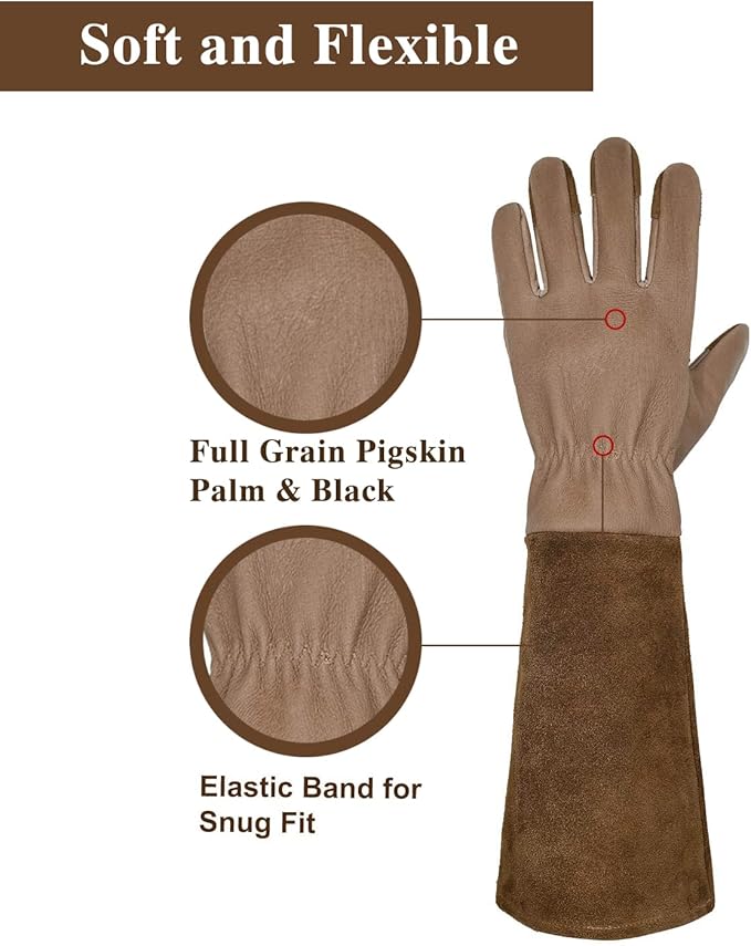 HANDLANDY Long Gardening Gloves for Men & Women, Cowhide Leather Rose Pruning Gloves- Breathable & Durable Gauntlet Gloves (Medium, Brown)