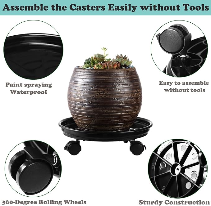 6 Packs Plant Caddy with Wheels 11.8" Plastic Rolling Plant Stands Heavy-duty Plant Dolly with Casters Indoor Outdoor Wheeled Plant Roller Base Large Planter Saucers Plant Mover, Black