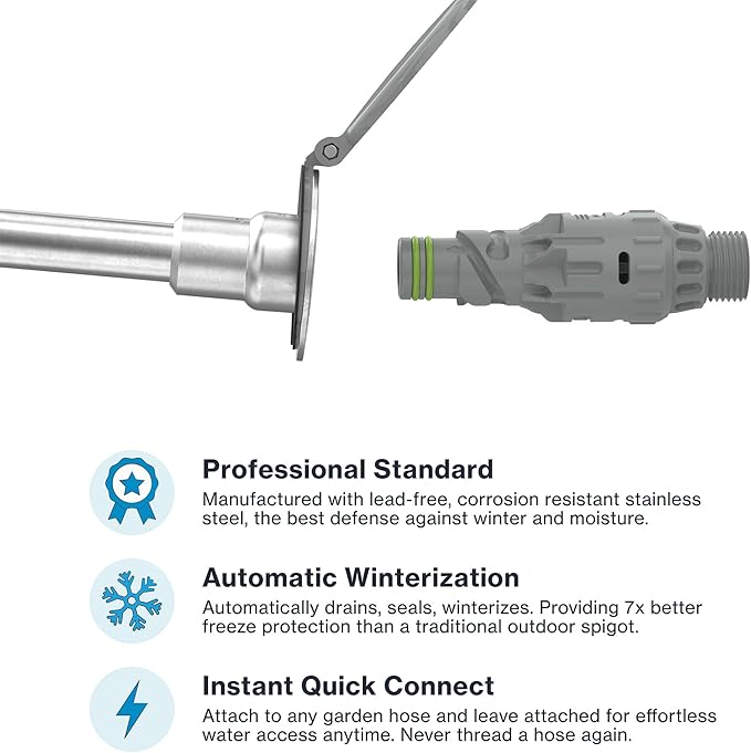 Aquor House Hydrant V1+ Frost Free Wall Hydrant Outdoor Faucet with Quick-Connect and Anti-Siphon, Freeze Proof Flush Hose Bib, 6 inch, Slate Gray