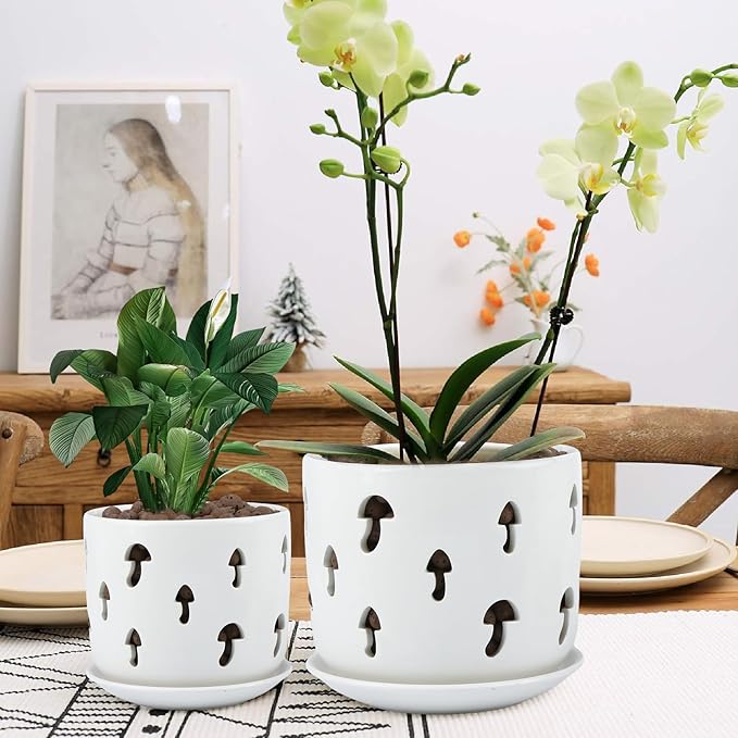 Ceramic Orchid Pot, 5 inch+6 inch Orchid Pots with Holes, Mushroom Shape Orchid Planter with Drainage and Saucer, Effectively Prevent The Root Rot of Orchids, White Flower Pot