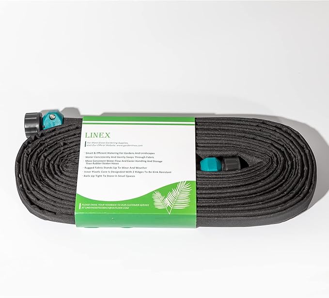 LINEX Flat Soaker Hose 1/2" x 75 ft for Garden Beds Drip Hoses Irrigation Sprinkler Heavy Duty Save Water 80%