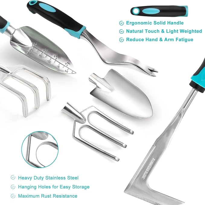 Garden Tool Set with Non Slip Rubber Grip,11 Piece Stainless Steel Gardening Tool Sets,Thickened Repotting Mat & Storage Tote Bag,Heavy Duty Outdoor Hand Tools Uprooting Weeding Tool, Ideal Gifts Blue