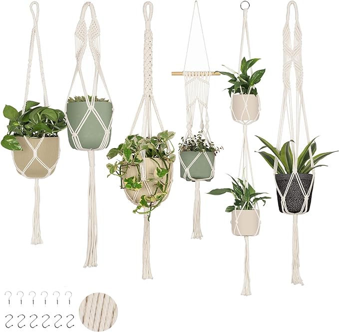 Nook Theory 6-Pack Macrame Plant Hanger - 12 Ceiling Hooks - Plant Hanger Indoor - Hanging Plant Holder - Hanging Planters for Indoor Plants - Boho Plant Hanger - Plant Hangers Indoor (Cream)