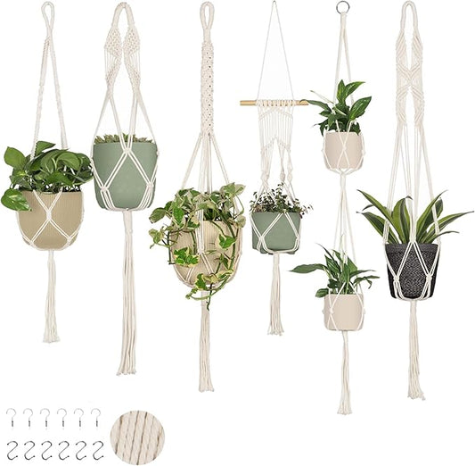 Nook Theory 6-Pack Macrame Plant Hanger - 12 Ceiling Hooks - Plant Hanger Indoor - Hanging Plant Holder - Hanging Planters for Indoor Plants - Boho Plant Hanger - Plant Hangers Indoor (Cream)