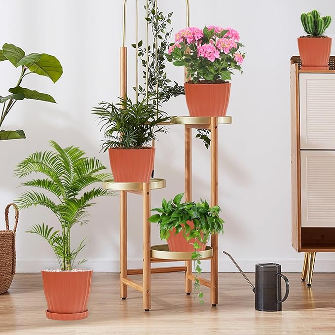 Plastic Flower Pots, 5 Pack 6 inch Indoor Plant Pots Planters for Outdoor Plants Flowers Garden Patio Home Nursery Decor Gifts,Large Succulent Pots with Drainage Tray Saucer & Hole Terracotta