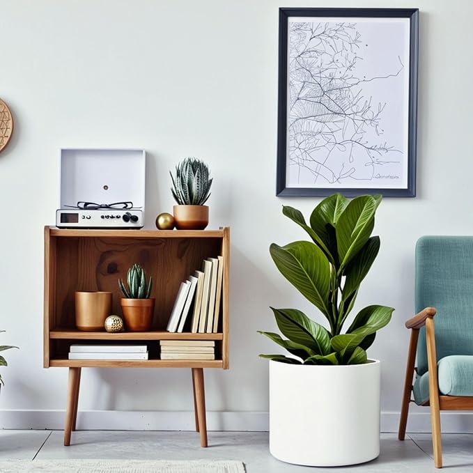 Fox & Fern 14.6 Inch Extra Large Planter — Premium Lightweight Fiberstone Matte White Plant Pot with Drainage Plug; Big Planter for Indoor & Outdoor Use; Weather Resistant & UV Resistant