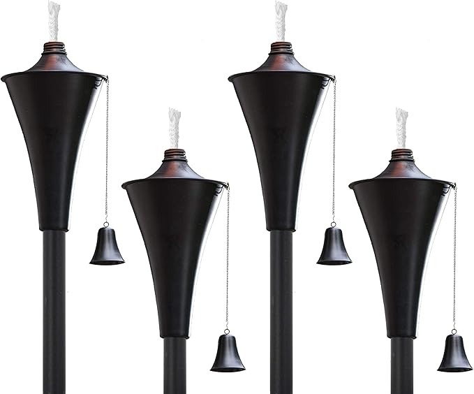 Set of 4, Oahu Premium Metal Patio Torches, 53" Tall- Tiki Style/w Snuffer, Fiberglass Wick & Large 16oz Oil Lamp for Deck, Patio, Lawn, Garden, Luau (Smooth Black)