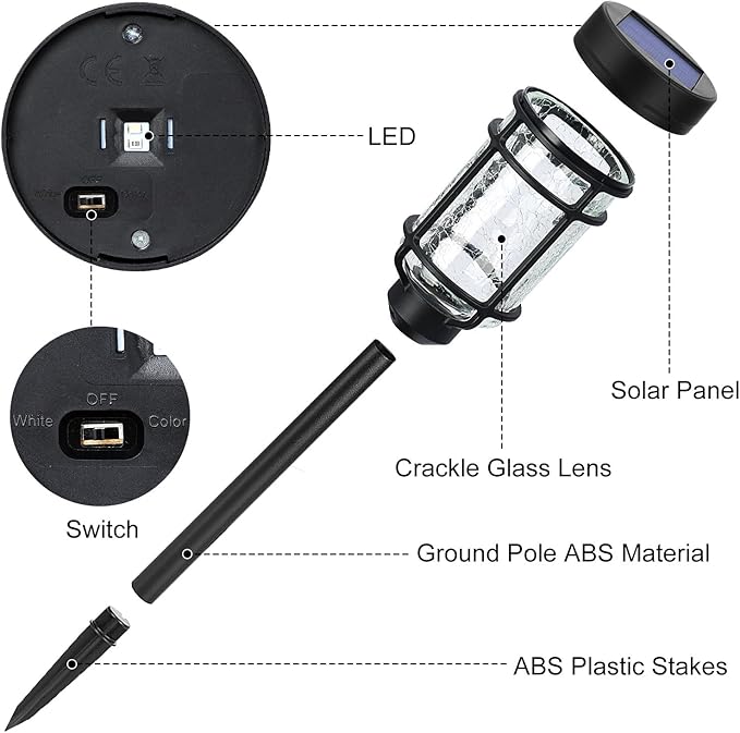 Solar Pathway Lights 6 Pack, Color Changing+Warm White LED Solar Lights Outdoor, Waterproof Solar Crackle Glass Stake Lights for Garden Path Walkway Backyard Lawn Landscape Decoration