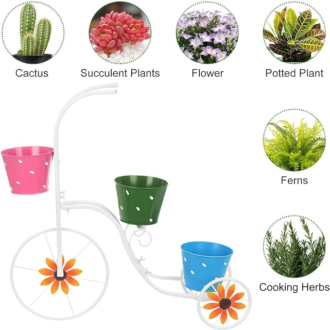 BAYN Bicycle Planter Stand, Metal Flower Pot Cart Holder Tricycle Planter with 3 Plant Bucket Outdoor Decorative for Patio, Deck, Garden, Lawn