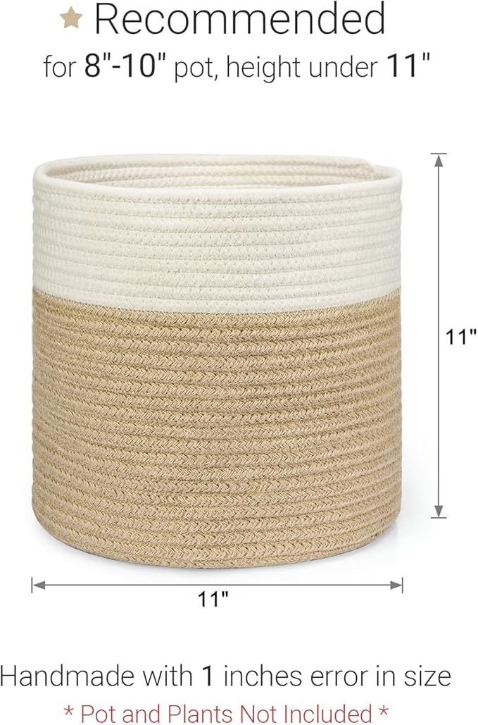 Dahey Jute Spliced Cotton Rope Plant Basket Modern Woven Storage Basket for 10" Floor Indoor Planter, Decorative Flower Pots Cover Laundry Bin with Handle Rustic Home Decor, White and Beige