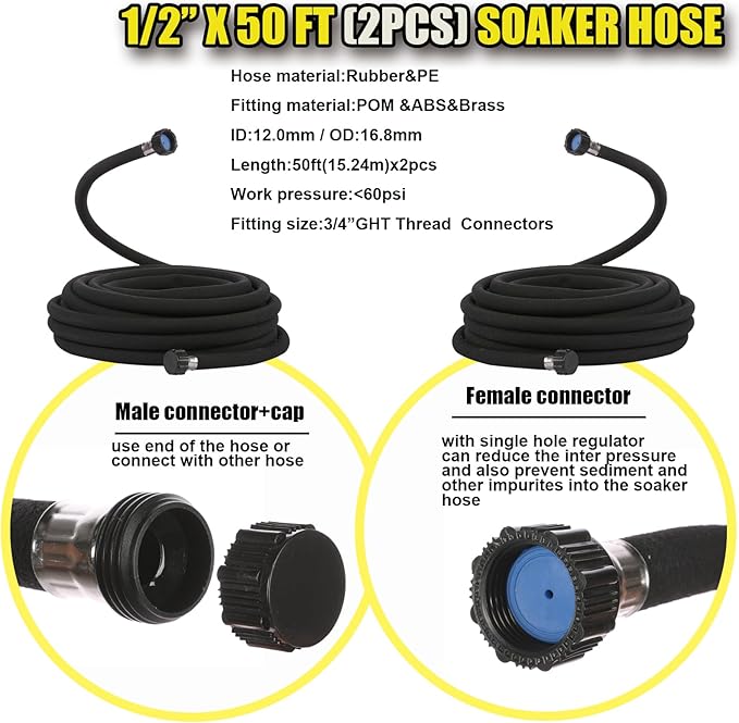 Cuckoo Soaker Hose 50ft length 2pcs With 1/2" Diameter-Soaker Hose Kit with Heavy Duty Rubber Hose for Irrigation-Save 70% Water-Great for Garden Flower Beds,Trees,Vegetables amd Seedings(1/2X50-2pcs)
