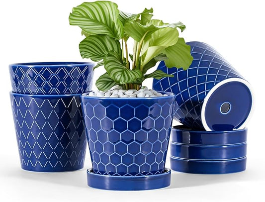 Ceramic Plant Pots –5 inch Indoor Flower Pot with Drainage Hole and Ceramic Tray - Gardening Home Desktop Office Windowsill Decoration Gift, Set of 4-Plants NOT Included(Blue)