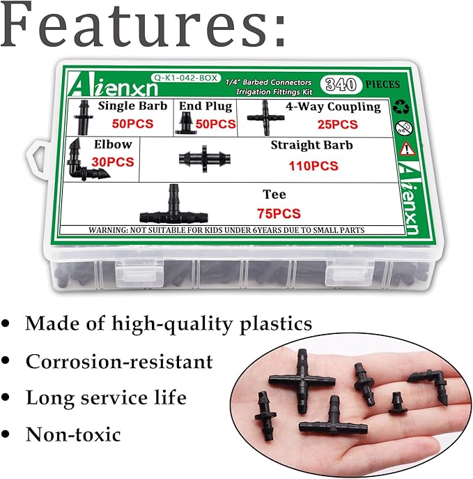 340PCS 1/4" Drip Irrigation Kit Barbed Connectors, Straight Barb, Tee, Single Barb, End Plug, Elbow, 4 Way Coupling Irrigation Fittings for Garden Lawn Flower Pot