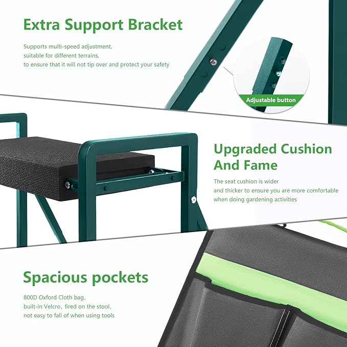 Garden Kneeler and Seat Heavy Duty,Foldable Gardening Stool with Anti-Tipping，10" Thicken & Widen Soft Kneeling Pad,Great Gardening Gifts for Women and Men, Bench Comes with Tool Pouch,Green