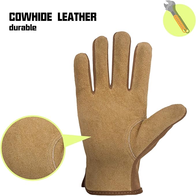HANDLANDY Men Leather Gardening Gloves, Utility Work Gloves for Mechanics, Construction, Driver, Dexterity Breathable Design
