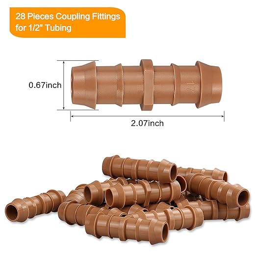 Drip Irrigation Fittings Barbed Couplings, 28 Pieces Drip Irrigation Coupler Connectors for 1/2 Inch Tubing, Drip Irrigation Tubing 0.600" ID 17mm Coupling Parts for Patio Lawn Garden Systems