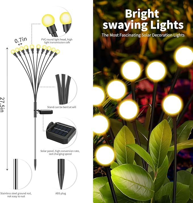 Solar Lights Outdoor (6 Pack-60 LEDs)，Waterproof Garden Fairy Swaying Firefly Lights ，Gifts for Outdoor Decorations，Suitable for Patio, terraces, lawns and Paths