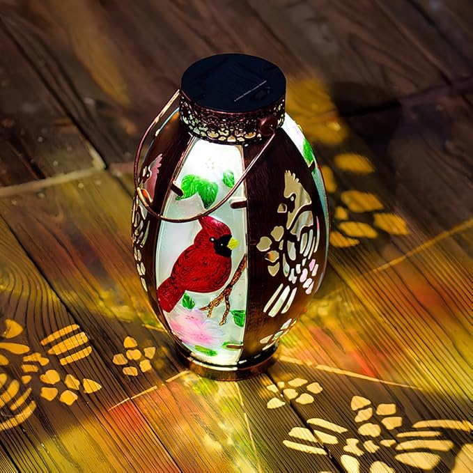 Starsoul Cardinal Outdoor Solar Lantern - Metal & Stained Glass Cardinal Solar Light, Waterproof Tabletop Lamp with Hollowed-Out Design for Yard, Patio, Garden, Pathway