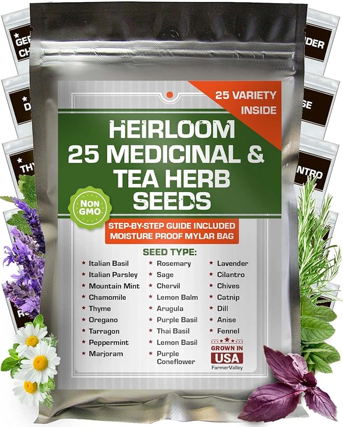 Set of 25 Medicinal Herbs and Herbal Tea Garden Seed Collection - Assorted Culinary Herb Seeds Variety Pack Including Lavender, Chamomile, Thyme, Oregano, Marjoram, and More