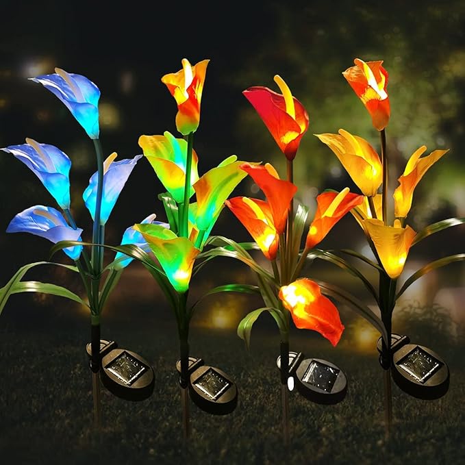 Veesee 2 Packs Upgrade Solar Calla Lily Lights Outdoor Garden Stake Light, Color Changing Solar Powered LED Lily Lights for Christmas Gift Wedding Party Outdoor(Blue)
