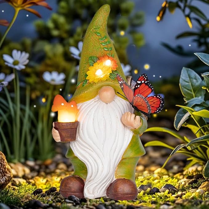 Garden Gnomes Outdoor Garden Decor-Resin Gnome with Solar Outdoor Lights Decorative Mushroom and Vivid Butterfly Spring Gnomes Decorations for Yard Decor,Gardening Gifts for Women