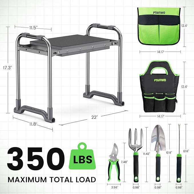 Upgraded Garden Kneeler and Seat, Garden Stool with Thicken & Widen Soft Kneeling Pad, Heavy Duty Gardening Stool with 2 Garden Tool Bags & 4 Garden Tools, Gardening Gifts for Women Mom Men Seniors