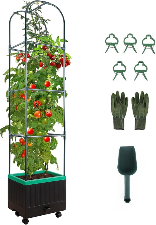 Raised Garden Bed with Self Watering Garden Pots, Planter Box with Trellis for Climbing Plants Vegetable Vine Flowers, Tomato Cage Planter for Indoor Outdoor Yard Greenhouse Use