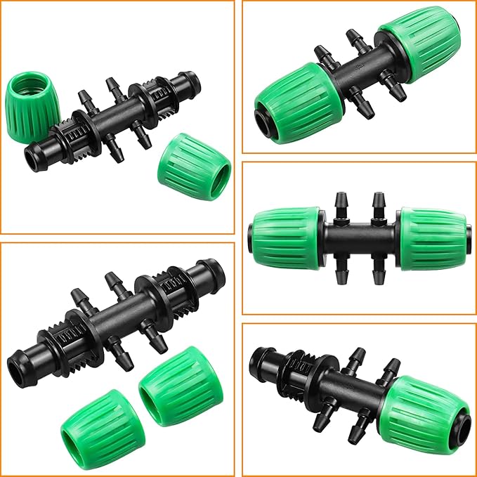 Drip Irrigation Fittings for 1/2" Tubing((0.60"-0.63" OD) to 1/4" Irrigation Tubing, 12 Pieces Barbed Tee Drip Fittings Twist Locked 6 Way Connectors for Drip Irrigation Hose (13mm ID / 4mm ID)