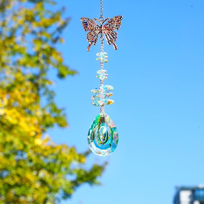 Suncatcher with Crystals,Colorful Crystal Butterfly Rhinestones Suncatcher Window Hanging,Crystal Prism Hanging Ornament,Rainbow Maker Decoration for Home, Garden, Wedding, Party & Christmas
